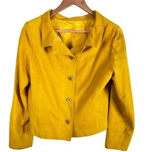 Oscar De La Renta Leather Suede Mustard Yellow Blazer Jacket Button Down size 10